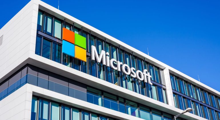 Microsoft logo at office building, Munich Germany